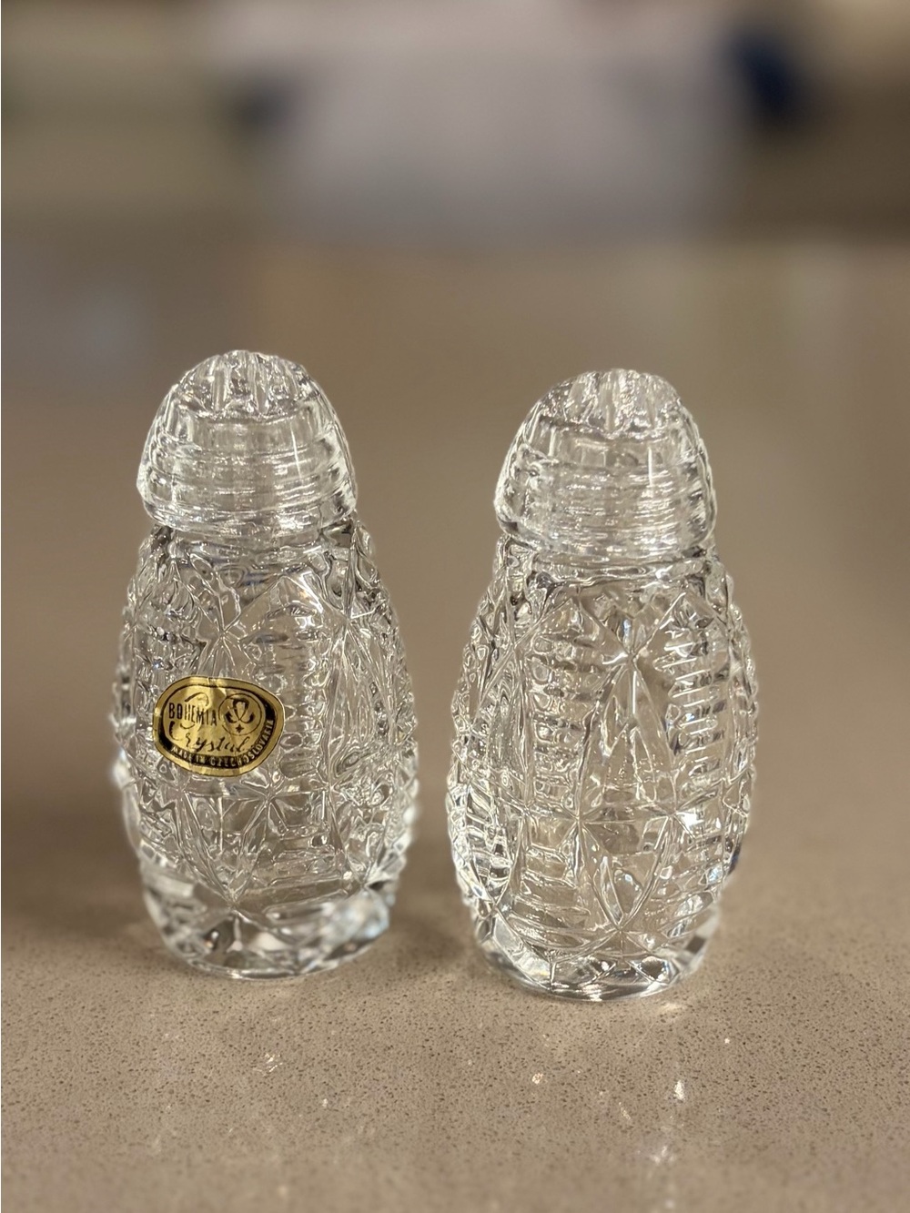 Bohemia Pressed Glass Crystal Salt and Pepper Shakers New 3” x 1-1/8” Vintage